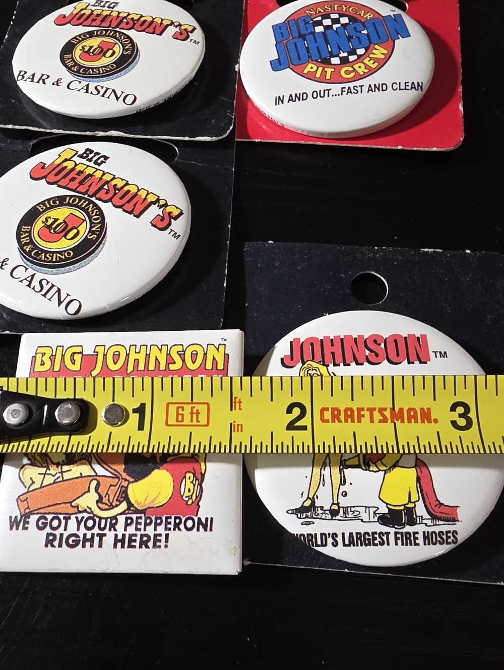 Vintage 90s Big Johnson Button Pin Back Lot Casino Pizza Pit Crew - Picture 2 of 4